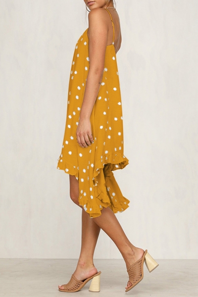 Women's Holiday Fashion Polka Dot Print Chiffon Asymmetrical Cami Dress