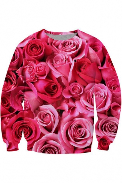 3D Chic Rose Floral Printed Round Neck Long Sleeve Red Sweatshirt