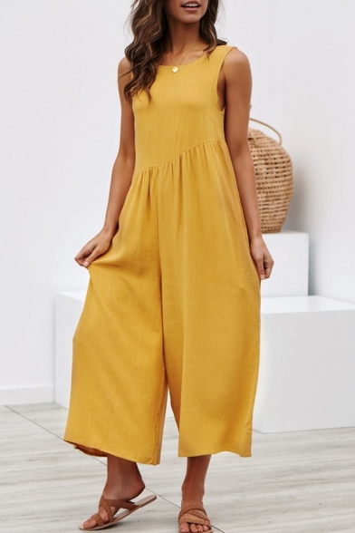 casual round collar plain loose sleeveless jumpsuit