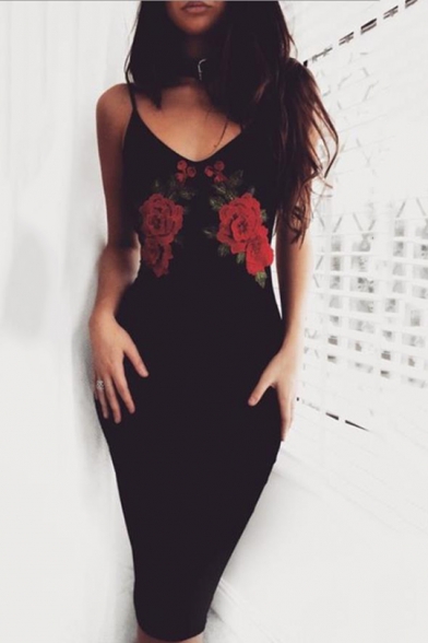 Chic Floral Embroidery Black Bodycon Midi Slip Dress for Women