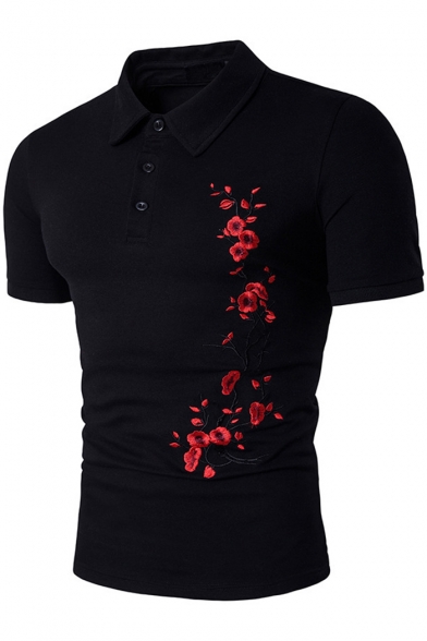 Chic Floral Embroidery Short Sleeve Three-Button Slim Fit Polo for Men