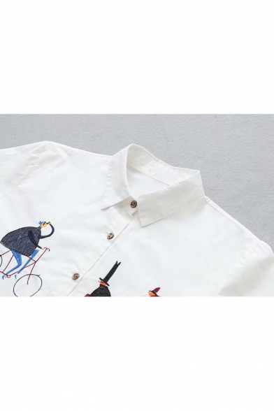 Cute Cartoon Bike Embroidery Basic Long Sleeve Loose Fit Button Down Shirt