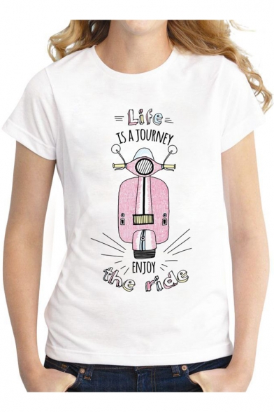 Cute Cartoon Motorbike Letter LIFE IS A JOURNEY Print Short Sleeve White T-Shirt