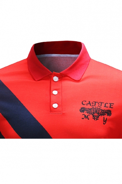 Fashion Letter CATTLE Logo Print Striped Short Sleeve Slim Fitted Polo for Men