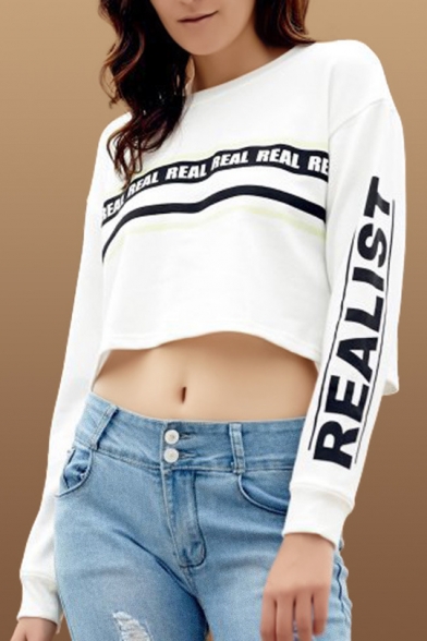 Fashion Letter REAL Pattern Round Neck Long Sleeve White Cropped Sweatshirt