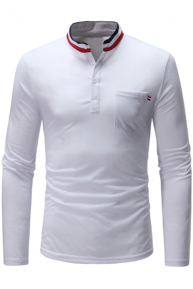 Fashion Rib Trim Stand-Collar Single Pocket Patched Chest Long Sleeve Henley T-Shirt for Men