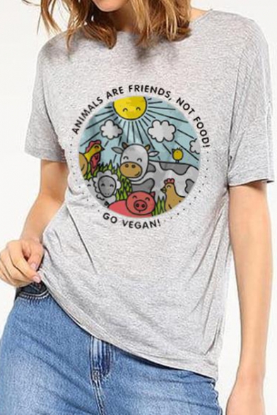Funny Cartoon Letter ANIMALS ARE FRIENDS NOT FOOD Short Sleeve Fashion Grey T-Shirt