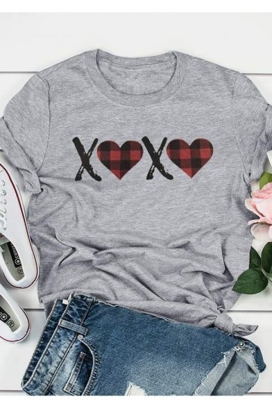 Grey Creative Check Heart Letter XX Print Casual Loose T-Shirt