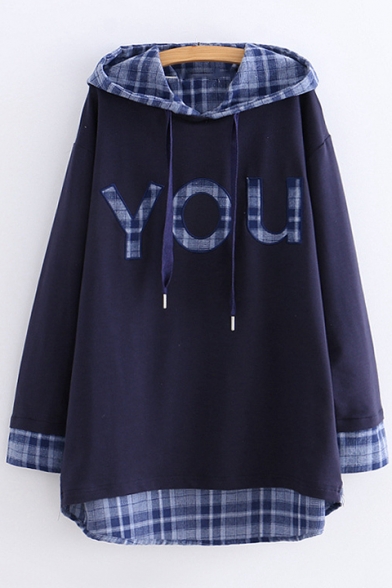Simple Letter YOU Plaid Patchwork Long Sleeve Loose Relaxed Hoodie