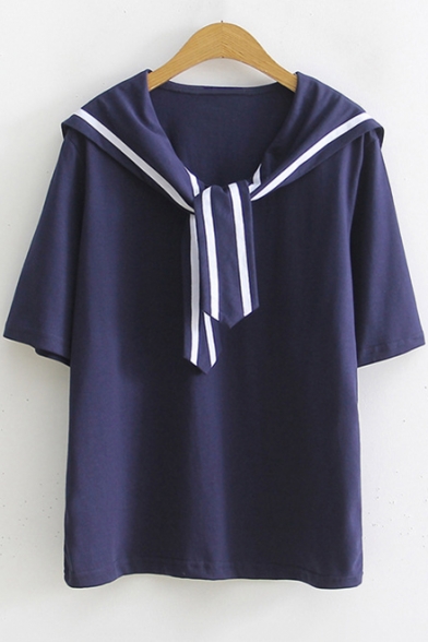 Striped Tied Sailor Collar Summer Relaxed Cotton T-Shirt