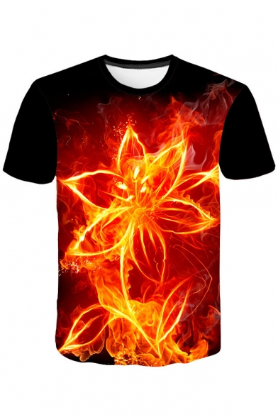 Stylish 3D Fire Floral Printed Basic Short Sleeve Red T-Shirt