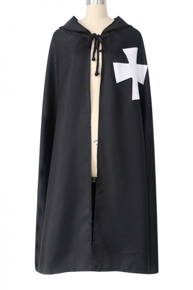 Stylish Black Cosplay Costume Knight Cross Print Hooded Longline Cape Coat