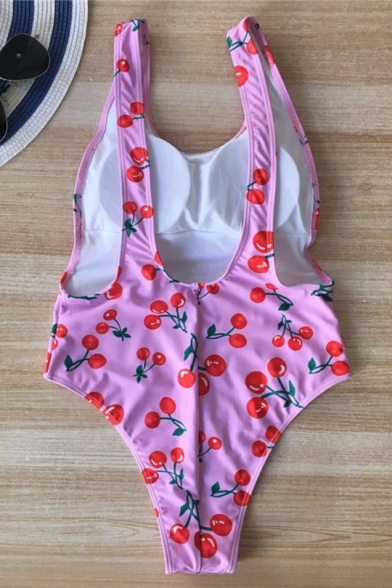 Summer Cute Cherry Pattern Scoop Neck Sleeveless Slim One-Piece Swimsuit
