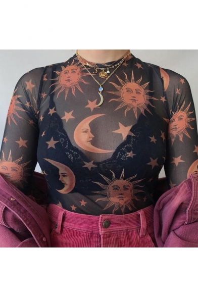 Women's Fashion Cartoon Sun Moon Printed Long Sleeve Transparent Mesh Slim Cropped T-Shirt