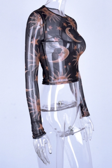 Women's Fashion Cartoon Sun Moon Printed Long Sleeve Transparent Mesh Slim Cropped T-Shirt