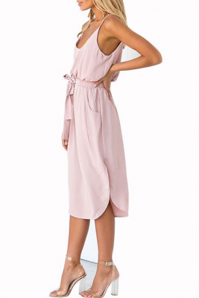 Women's Simple Plain Elastic Bow-Tied Waist Split Hem Pink Midi Cami Dress