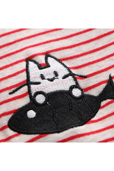 Cartoon Cat Eat Fish Embroidered Round Neck Long Sleeve Loose Fit Striped T-Shirt