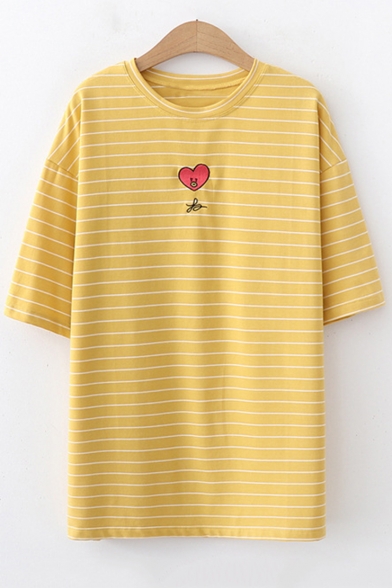 Cartoon Heart Embroidery Basic Round Neck Loose Leisure Striped T-Shirt