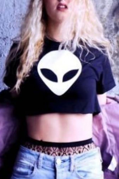 Cool Alien Printed Basic Round Neck Short Sleeve Cropped Black T-Shirt