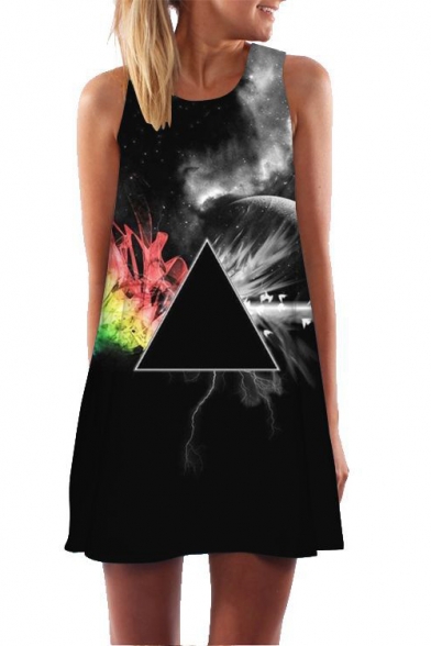 Fashion 3D Geometric Print Sleeveless Loose Fit Black Mini Swing Tank Dress