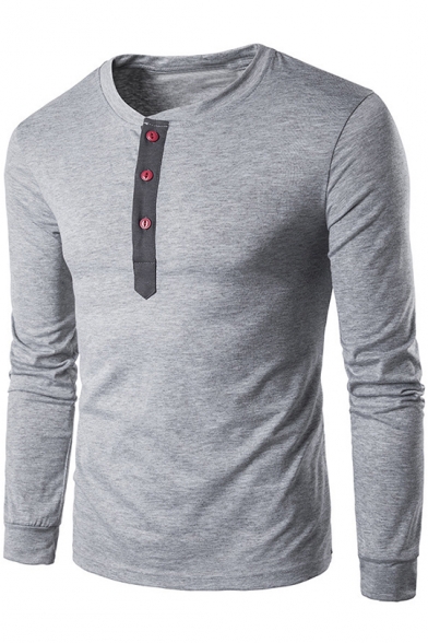 Fashion Button-Embellished Patchwork Round Neck Long Sleeve Casual T-Shirt for Men