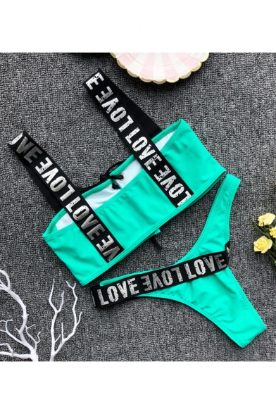 Fashion Letter LOVE Print Sexy Hollow Out Lace-Up Front Beach Bikini Swimwear