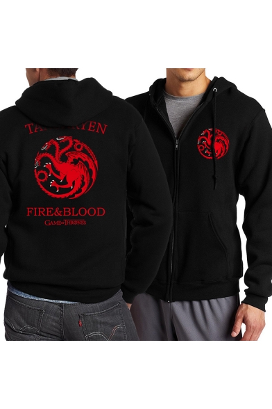 Game of Thrones Fashion Print Long Sleeve Fitted Zip Up Black Hoodie