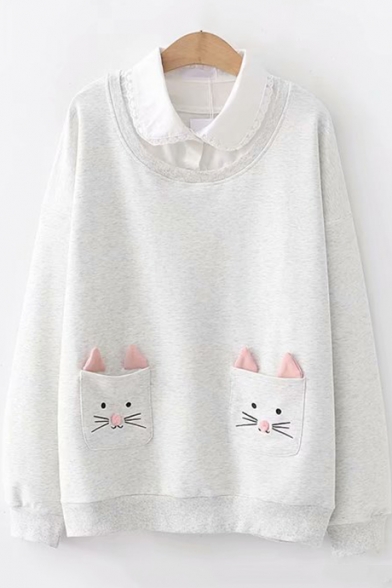 Girls Cute Cartoon Cat Pocket Patched Lapel Collar Long Sleeve Pullover Sweatshirt