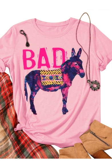 Letter BAD Horse Printed Basic Summer Short Sleeve Cotton T-Shirt