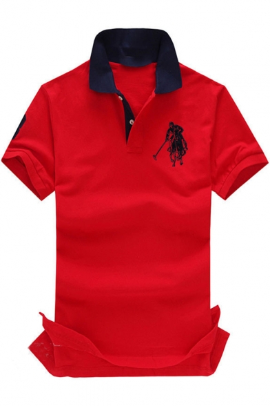 Men Contrast Collar Short Sleeve Simple Logo Chest Classic-Fit Sport Polo Shirt