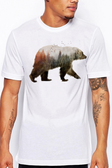 New Fashion Bear Pattern Crewneck Short Sleeve Loose Fit White T-Shirt
