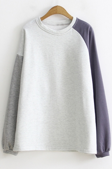 New Stylish Colorblock Long Sleeve Round Neck Loose Casual Pullover Grey Sweatshirt