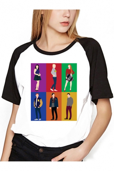 Figure Printed Colorblocked Raglan Sleeve Round Neck Loose T-Shirt