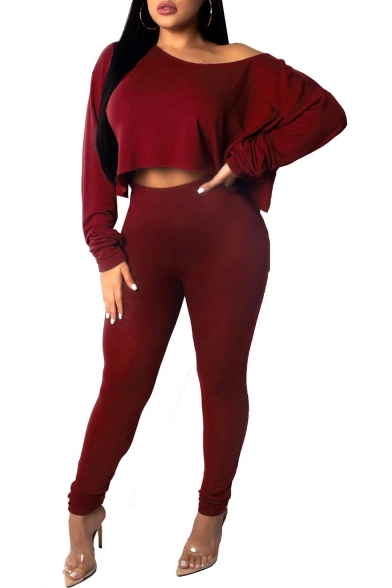 Sexy One-Shoulder Long Sleeve Cropped Top Skinny Fit Pants Plain Set for Women