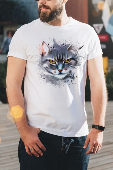 Summer 3D Cute Cartoon Cat Printed Short Sleeve White T-Shirt