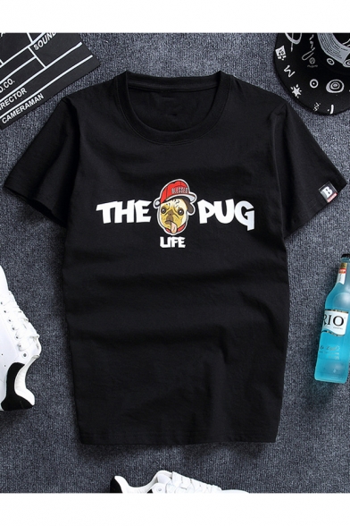 Summer Funny Cartoon Dog Letter THE PUG LIFE Print Loose Fit T-Shirt