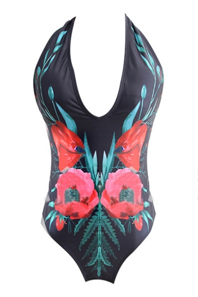 Trendy Beach Floral Printed Halter Neck Open Back One Piece Swimsuit for Women