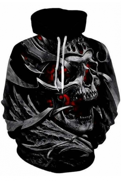 Trendy Black 3D Skull Pattern Long Sleeve Pullover Drawstring Hoodie
