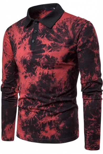 Trendy Tie Dye Printed Three-Button Long Sleeve Polo Shirt for Men