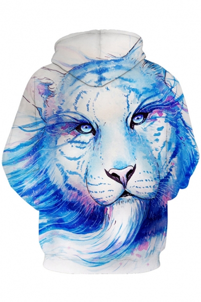 Unique 3D Cool Painting Tiger Long Sleeve Loose Fit Blue Hoodie