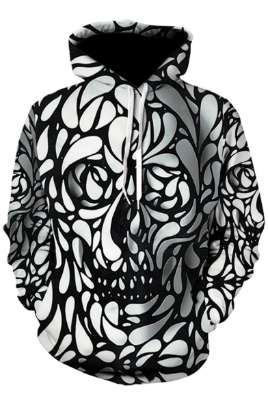 Unique Cool 3D Skull Printed Long Sleeve Black and White Drawstring Hoodie