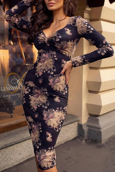 Women's Retro Floral Printed V-Neck Long Sleeve Sexy Bodycon Navy Midi Dress