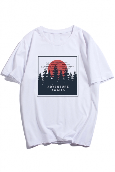 ADVENTURE AWAITS Letter Forest Printed Crewneck Loose Casual T-Shirt