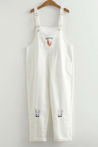 Cute Cartoon Rabbit Embroidered Casual Loose Overall Straight Pants