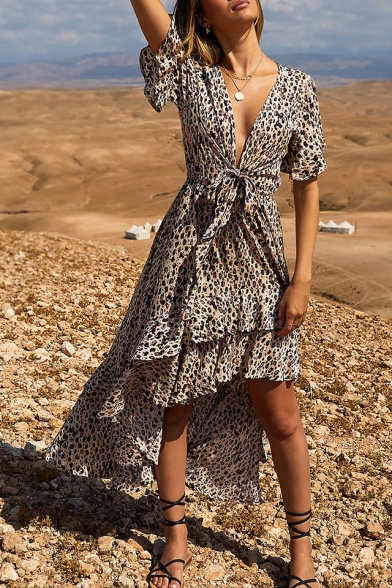 Fashion Leopard Printed Short Sleeve Bow-Tied V Neck Layered Swallowtail Asymmetrical A-Line Dress