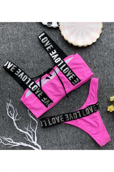 Fashion Letter LOVE Print Sexy Hollow Out Lace-Up Front Beach Bikini Swimwear