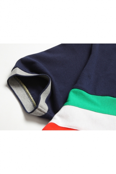 Men's Fashion Colorblocked Turn-Down Collar Short Sleeve Cotton Logo Polo