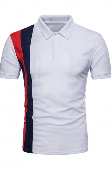 Men's Summer Vertical Striped Three-Button Short Sleeve Slim Fit Pique Polo Shirt