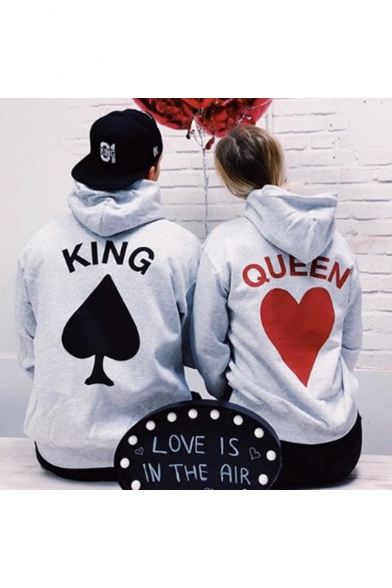 Popular Heart King Queen Graphic Printed Casual Loose Grey Hoodie for Couple
