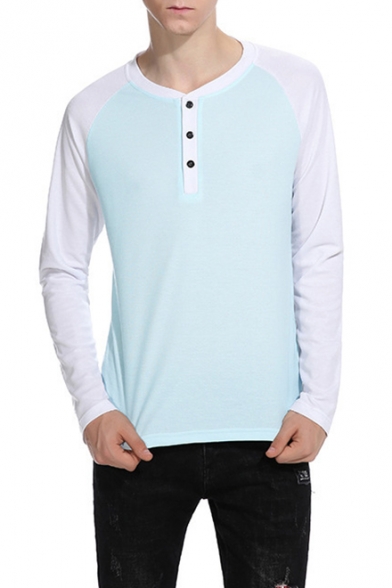 Stylish Colorblock Round Neck Long Sleeve Classic-Fit Henley Shirt